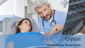  Presentation with asian doctor obese patient - Theme enhanced with nuclear - doctor explaining x-ray to patient background and a teal colored foreground