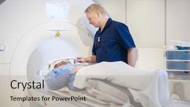  Presentation with mri - Theme with nuclear - doctor putting coil on patient's background and a light gray colored foreground