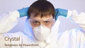  Presentation with hazard - Theme featuring nuclear - virologist male professional in hooded background and a sky blue colored foreground