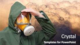  Presentation with nuclear weapons and gas mask - Slide set having nuclear biohazard - woman in gas mask background and a wine colored foreground