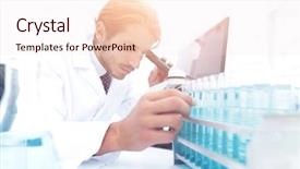  Presentation with nuclear - PPT theme having nuclear biological - chemist looking at test-tubes background and a sky blue colored foreground