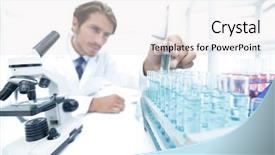  Presentation with nuclear - PPT theme having nuclear biological - chemist looking at test-tubes background and a light gray colored foreground