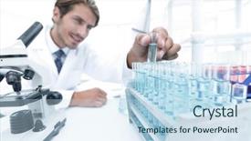  Presentation with tubes - PPT theme having nuclear biological - chemist looking at test-tubes background and a sky blue colored foreground