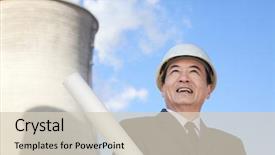  Presentation with power plant - Slide set with nuclear engineering - businessman at power plant background and a soft green colored foreground