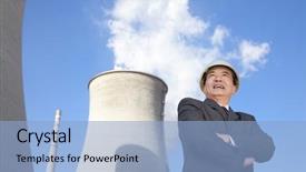 Presentation with cooling tower nuclear power plant - Presentation design consisting of nuclear engineering - businessman in front of cooling background and a light blue colored foreground