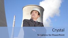  Presentation with cooling tower nuclear power plant - PPT layouts consisting of nuclear engineering - businessman in front of cooling background and a light blue colored foreground