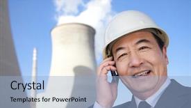  Presentation with power engineering - Beautiful PPT theme featuring nuclear engineering - businessman on mobile phone backdrop and a light blue colored foreground