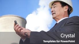  Presentation with power engineering - Amazing slide set having nuclear engineering - businessman texting at power plant backdrop and a dark gray colored foreground