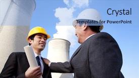  Presentation with power plant - Theme with nuclear engineering - businessmen at power plant background and a light blue colored foreground
