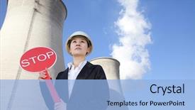  Presentation with towers - Presentation design consisting of nuclear engineering - engineer in front of cooling background and a light blue colored foreground