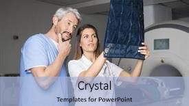  Presentation with machine - Colorful PPT layouts enhanced with nuclear magnetic resonance - doctors examining x-ray with patient backdrop and a light blue colored foreground