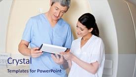  Presentation with magnetic - Cool new slide set with nuclear magnetic resonance - multiethnic radiologic technicians looking backdrop and a light blue colored foreground