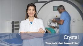 Presentation with magnetic - Amazing PPT theme having nuclear magnetic resonance - smiling doctor with colleague preparing backdrop and a ocean colored foreground