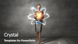  Presentation with nuclear medicine - Slide deck consisting of nuclear medicine physics - woman scientist presenting atom research background and a dark gray colored foreground