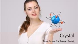  Presentation with atom - Amazing PPT layouts having nuclear medicine physics - woman scientist with atom model backdrop and a lemonade colored foreground