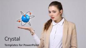  Presentation with atom - Colorful slide deck enhanced with nuclear medicine physics - woman scientist with atom model backdrop and a  colored foreground