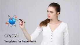  Presentation with atom - Colorful slide deck enhanced with nuclear medicine physics - woman scientist with atom model backdrop and a  colored foreground