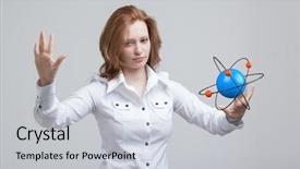  Presentation with atom - Theme having nuclear medicine physics - woman scientist with atom model background and a  colored foreground