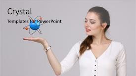  Presentation with atom - Audience pleasing PPT layouts consisting of nuclear medicine physics - woman scientist with atom model backdrop and a  colored foreground