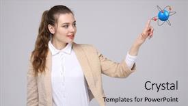  Presentation with atom - Slide deck featuring nuclear medicine physics - woman scientist with atom model background and a  colored foreground