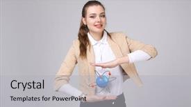  Presentation with atom - Beautiful slide deck featuring nuclear medicine physics - woman scientist with atom model backdrop and a  colored foreground