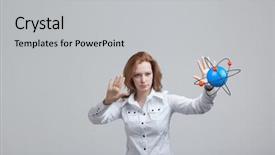 Presentation with atom - Theme featuring nuclear medicine physics - woman scientist with atom model background and a  colored foreground