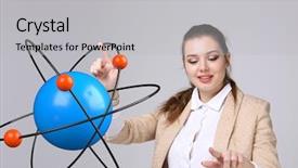  Presentation with atom - Beautiful slides featuring nuclear medicine physics - woman scientist with atom model backdrop and a light gray colored foreground