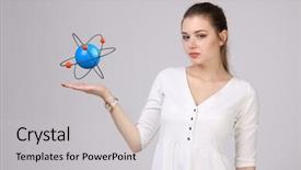 Presentation with atom - Presentation enhanced with nuclear medicine physics - woman scientist with atom model background and a light gray colored foreground