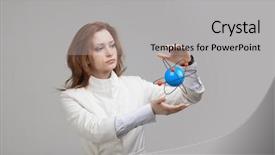  Presentation with atom - Audience pleasing PPT theme consisting of nuclear medicine physics - woman scientist with atom model backdrop and a light gray colored foreground