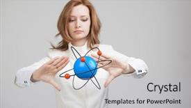  Presentation with atom - Presentation with nuclear medicine physics - woman scientist with atom model background and a light gray colored foreground