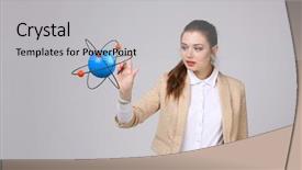  Presentation with atom - Amazing PPT layouts having nuclear medicine physics - woman scientist with atom model backdrop and a light gray colored foreground