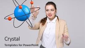  Presentation with nuclear medicine - Beautiful presentation design featuring nuclear medicine physics - woman scientist with atom model backdrop and a light gray colored foreground