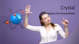  Presentation with atom - Presentation having nuclear medicine physics - woman scientist with atom model background and a light blue colored foreground