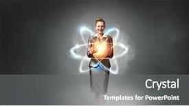  Presentation with atom - Colorful PPT layouts enhanced with particle physics - woman scientist presenting atom research backdrop and a gray colored foreground