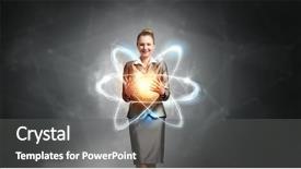  Presentation with atom - Slides with particle physics - woman scientist presenting atom research background and a gray colored foreground