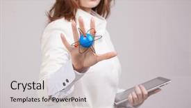  Presentation with particle - Colorful slide deck enhanced with particle physics - woman scientist with atom model backdrop and a light gray colored foreground