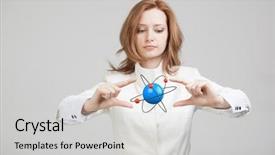  Presentation with physics atom - Colorful slides enhanced with particle physics - woman scientist with atom model backdrop and a light gray colored foreground