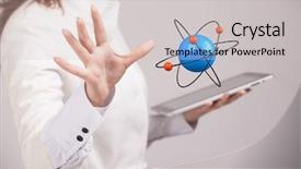  Presentation with atom - Colorful slides enhanced with nanotechnology chemistry structure - woman scientist with atom model backdrop and a light gray colored foreground