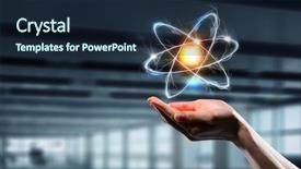  Presentation with atom - Audience pleasing PPT theme consisting of nucleus - atom icon in palm mixed backdrop and a wine colored foreground