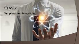  Presentation with atom - Colorful PPT theme enhanced with nucleus - atom icon in palm mixed backdrop and a light gray colored foreground