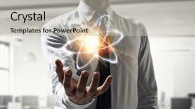  Presentation with atom - Slide deck with nucleus - atom icon in palm mixed background and a soft green colored foreground