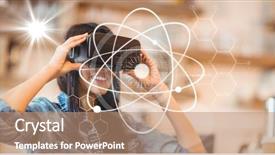  Presentation with glasses - Audience pleasing presentation design consisting of nucleus white black - happy woman looking at icons backdrop and a coral colored foreground