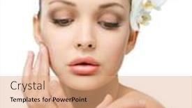  Presentation with youth - Cool new presentation theme with nude girl with orchid in hair touches her face isolated on white concept of natural beauty and youth backdrop and a coral colored foreground