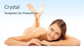  Presentation with woman - Colorful presentation theme enhanced with nude woman lying over bluish backdrop and a sky blue colored foreground