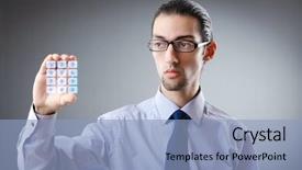  Presentation with human brain ai virtual - Beautiful PPT theme featuring num - businessman pressing virtual buttons backdrop and a  colored foreground