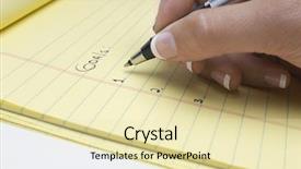  Presentation with goals - Cool new slide deck with female's hand writing goal backdrop and a soft green colored foreground