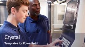  Presentation with cnc machine tool - Colorful presentation design enhanced with numerical - engineer showing apprentice how backdrop and a navy blue colored foreground