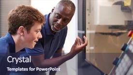  Presentation with cnc machine tool - Presentation design featuring numerical - engineer showing apprentice how background and a navy blue colored foreground