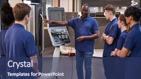  Presentation with cnc machine tool - PPT layouts enhanced with numerical - engineer showing apprentices how background and a ocean colored foreground