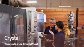  Presentation with cnc machine - Beautiful presentation theme featuring numerical - engineer training female apprentice backdrop and a tawny brown colored foreground